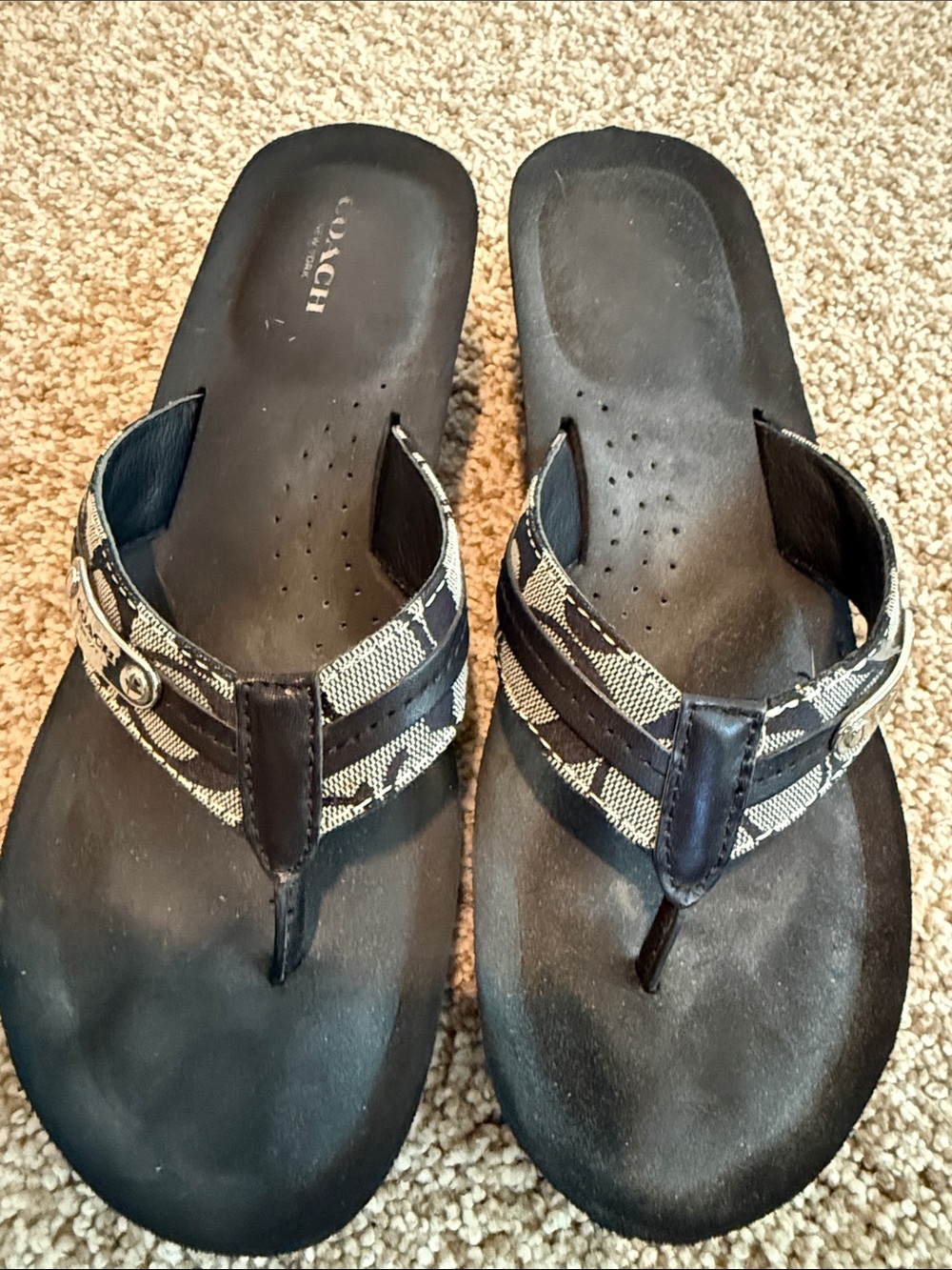 Coach Black and Cream Signature Canvas Thong Sandals